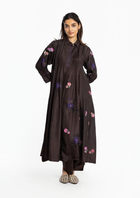 Brown silk shirt collar tunic