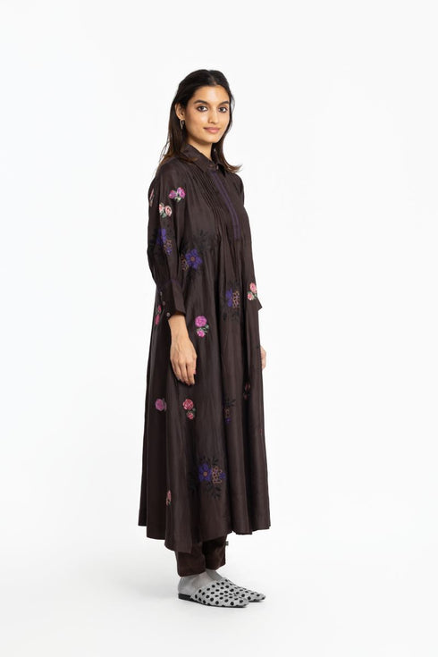 Brown silk shirt collar tunic