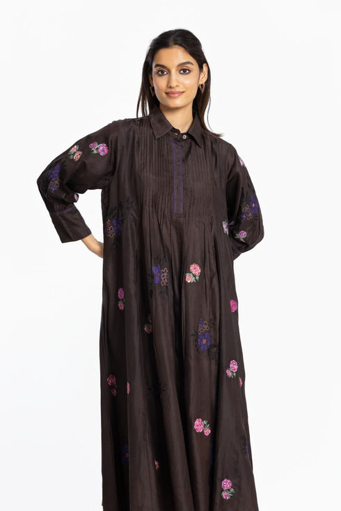 Brown silk shirt collar tunic