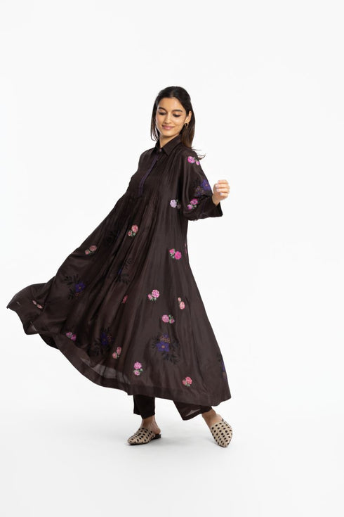 Brown silk shirt collar tunic