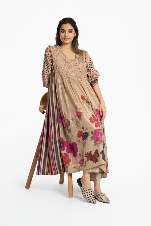 Beige V-neck silk dress