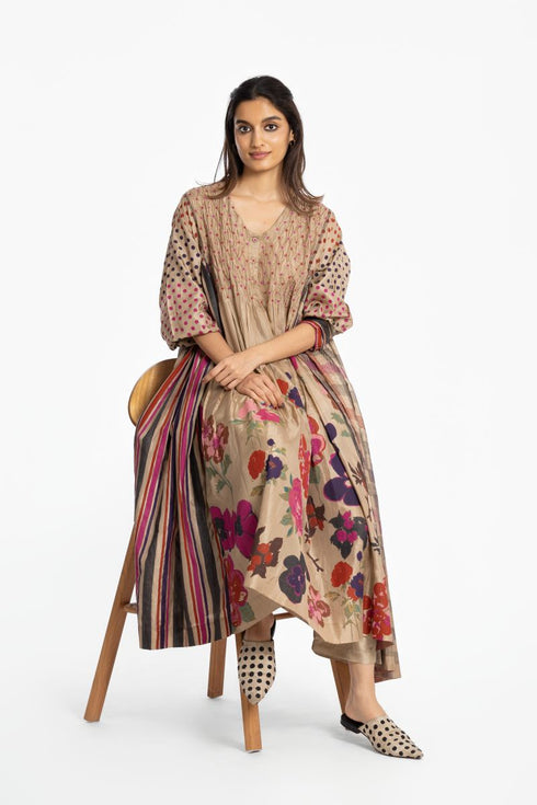 Beige V-neck silk dress