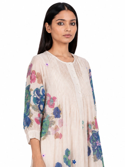Beige floral print pleated dress