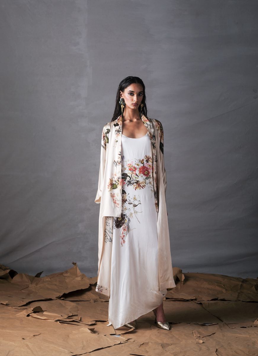 Knitted Lined Kimono In Off-white