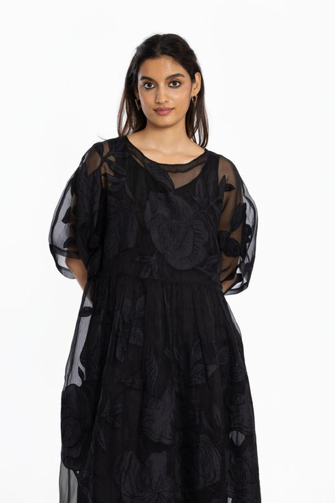Black silk applique dress