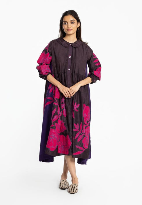 Brown applique silk dress