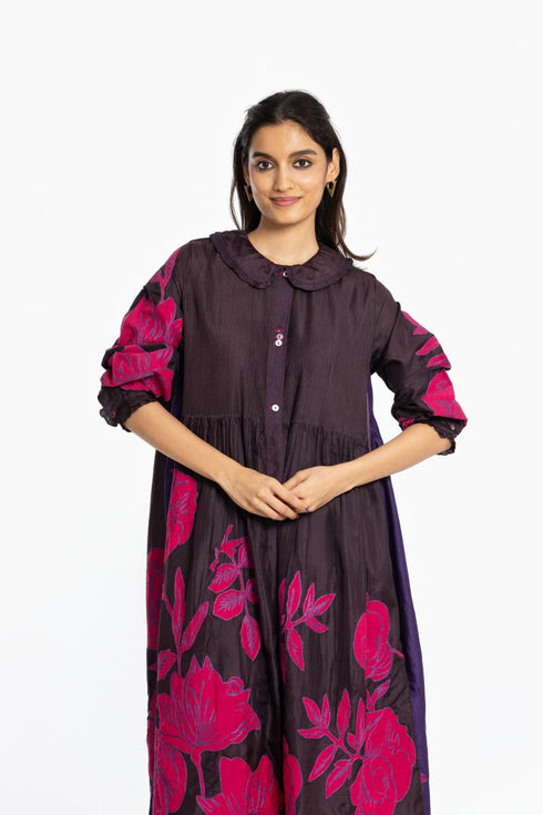 Brown applique silk dress