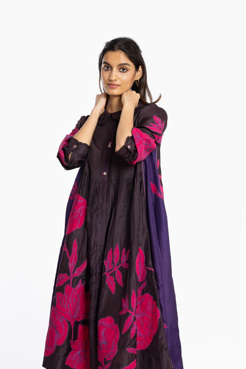 Brown applique silk dress