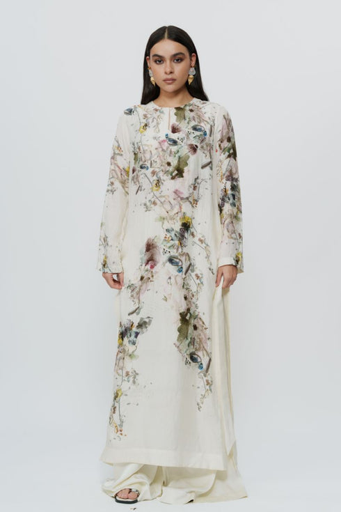 Abstract print kaftan dress with crop top & trouser