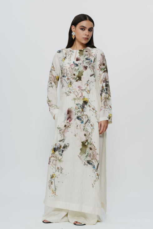 Abstract print kaftan dress with crop top & trouser