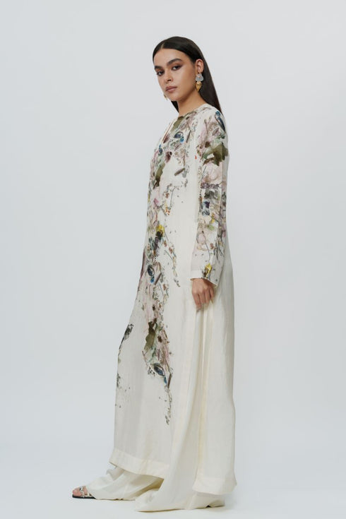 Abstract print kaftan dress with crop top & trouser