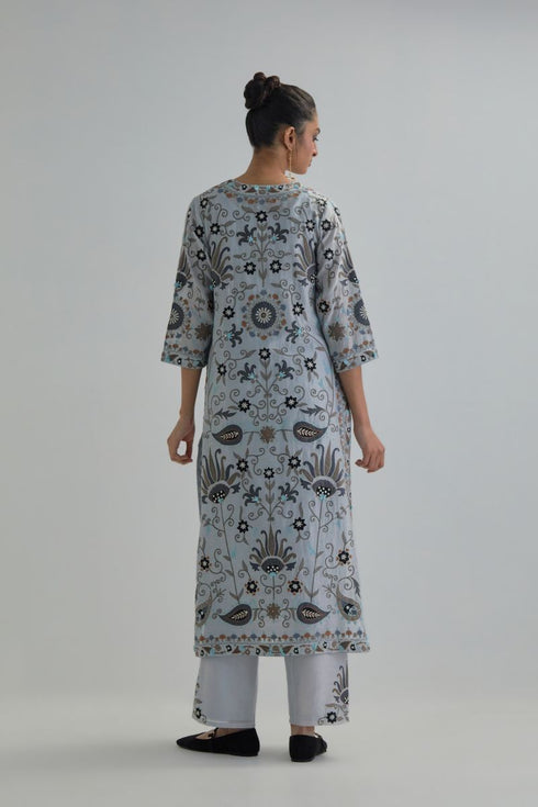 Adwaita blue fully embroidered straight kurta set