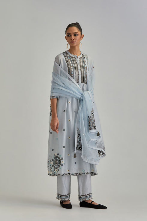Adwaita blue gathered kurta-dress set