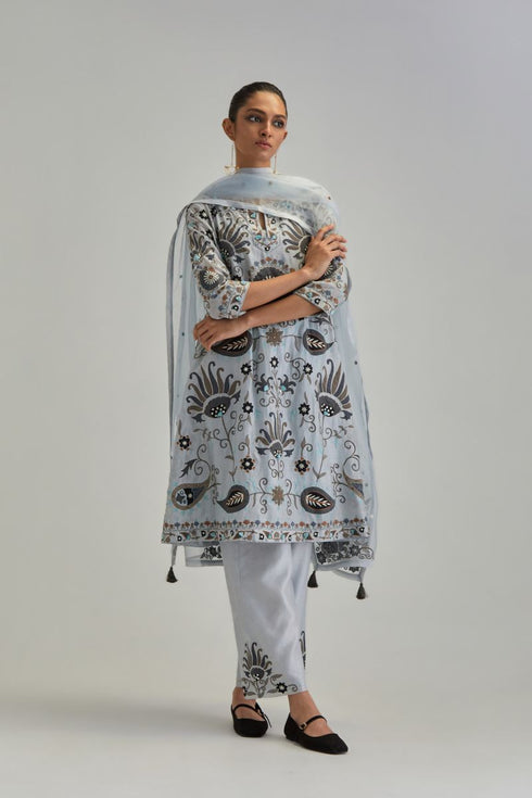 Adwaita blue short A-line kurta set