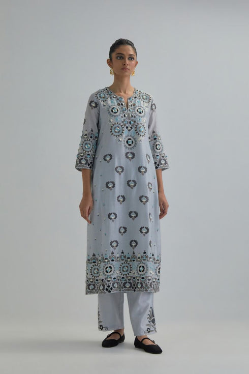 Adwaita blue straight fully embroidered kurta set