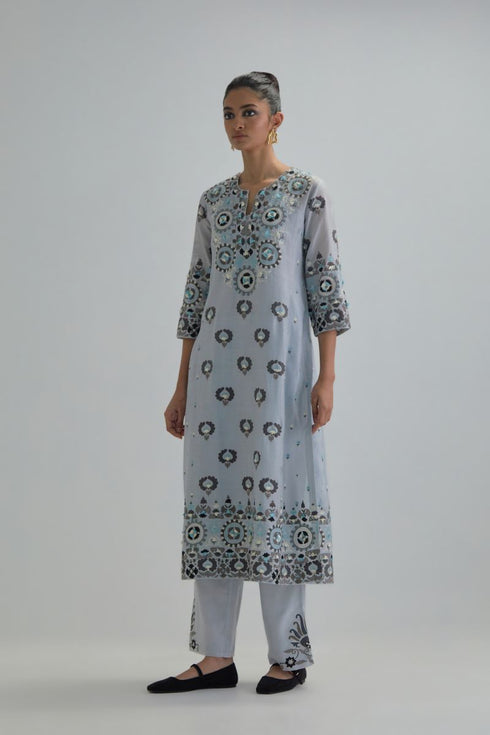 Adwaita blue straight fully embroidered kurta set