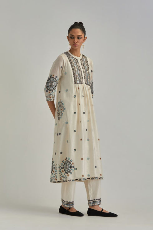 Adwaita off-white gathered kurta-dress set
