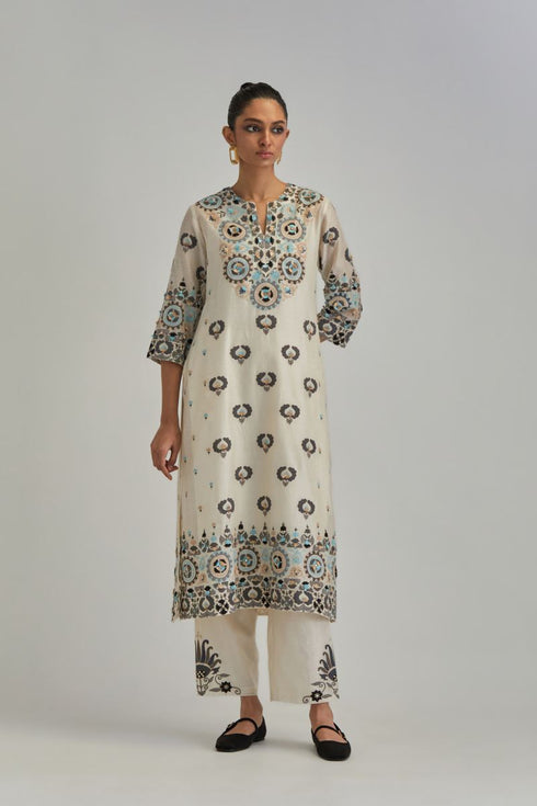 Adwaita off-white straight fully embroidered kurta set