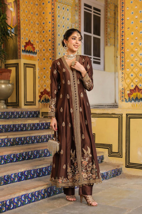 Ahista brown jacket anarkali set
