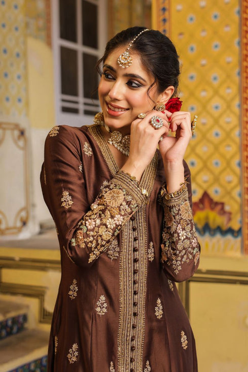 Ahista brown jacket anarkali set