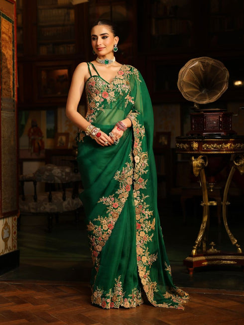 Ahista green mayur applique cutwork sari set