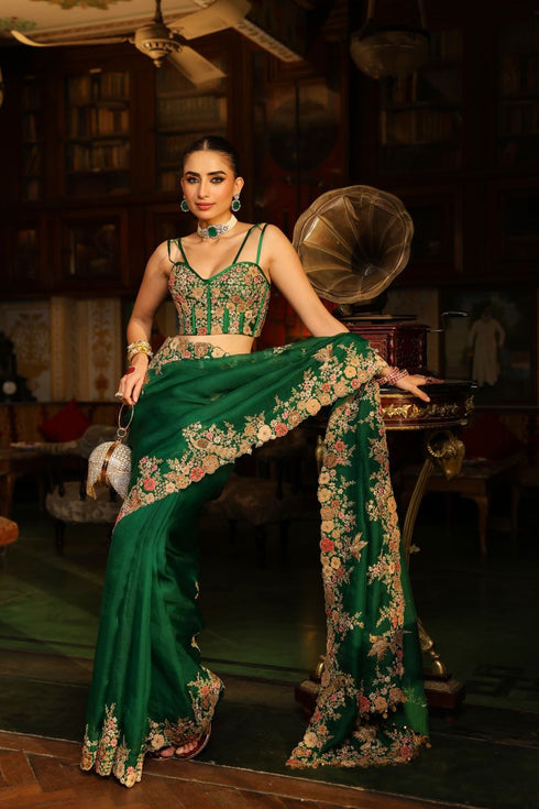 Ahista green mayur applique cutwork sari set