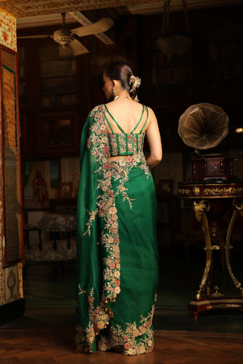 Ahista green mayur applique cutwork sari set