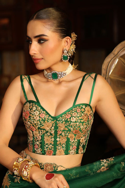 Ahista green mayur applique cutwork sari set