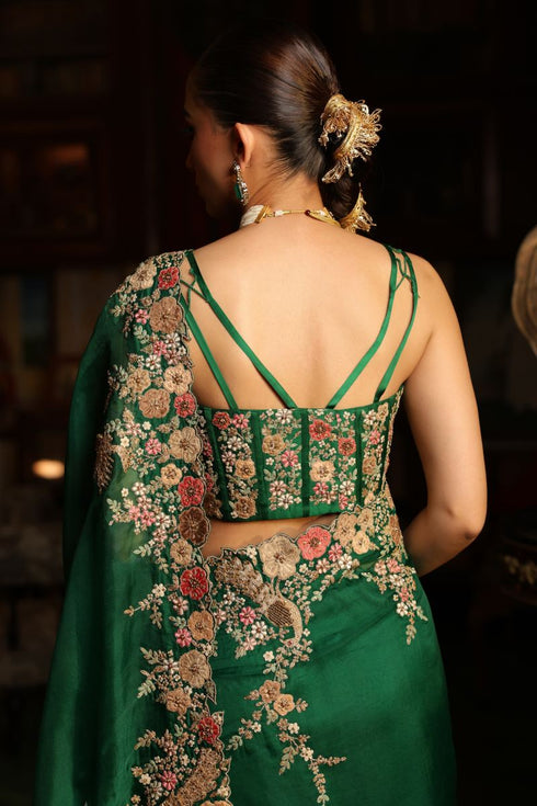 Ahista green mayur applique cutwork sari set