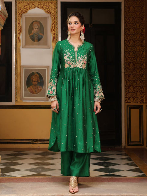 Ahista green mayur applique frockstyle kurta set