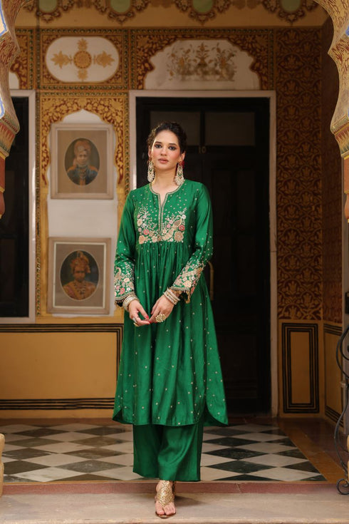 Ahista green mayur applique frockstyle kurta set