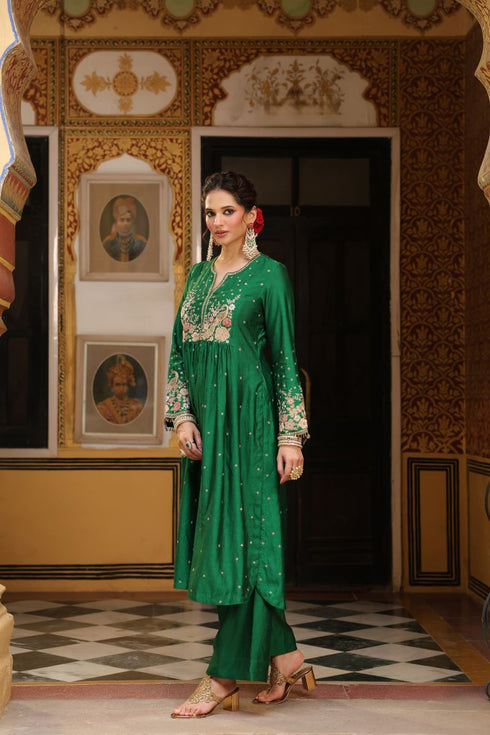 Ahista green mayur applique frockstyle kurta set