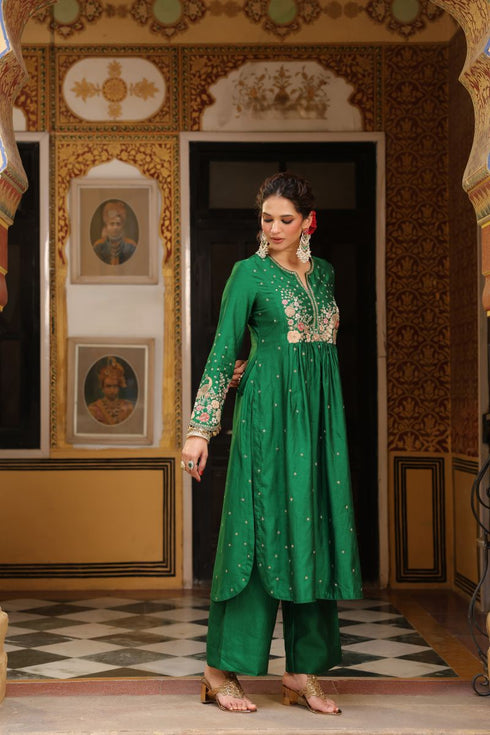 Ahista green mayur applique frockstyle kurta set