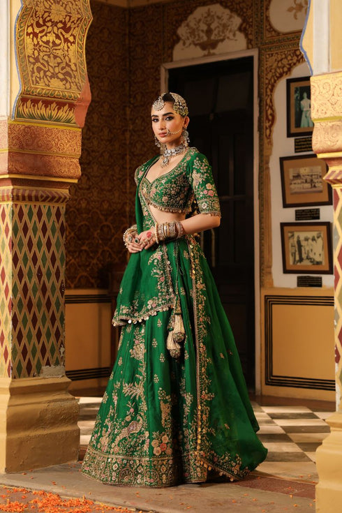 Ahista green mayur applique lehenga set