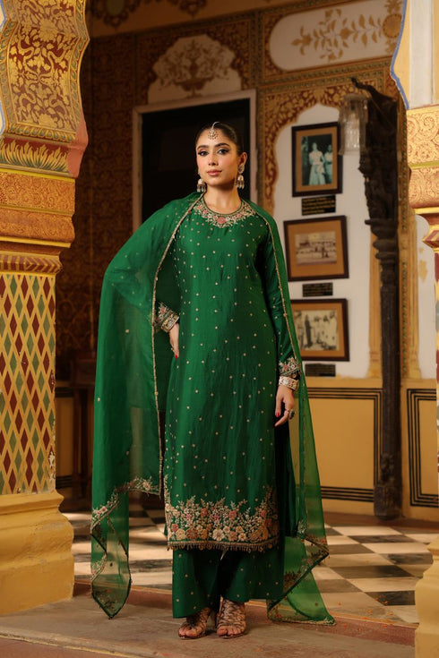 Ahista green mayur applique long kurta set