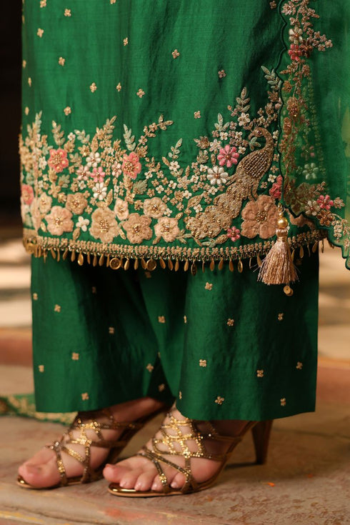 Ahista green mayur applique long kurta set