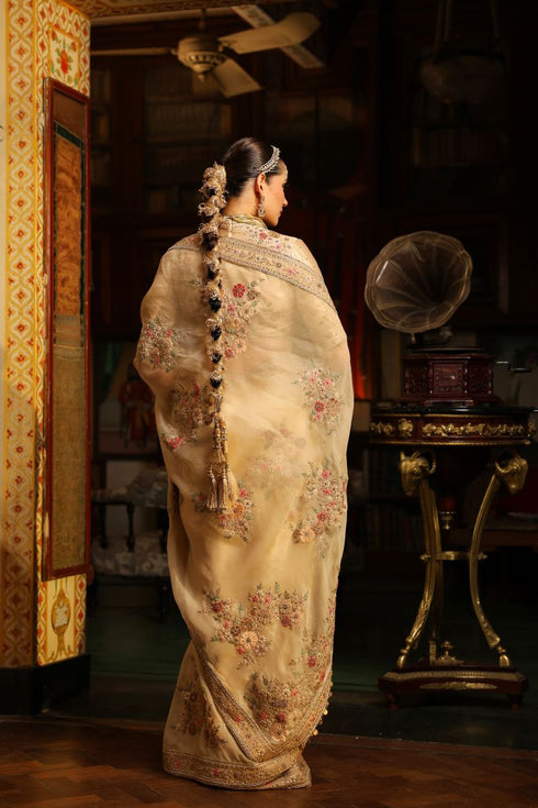 Ahista ivory mayur applique sari set