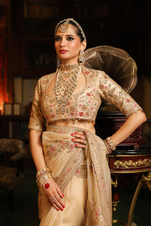 Ahista ivory mayur applique sari set