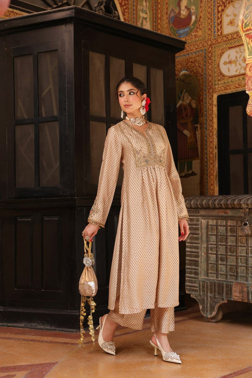 Ahista ivory printed frockstyle kurta set