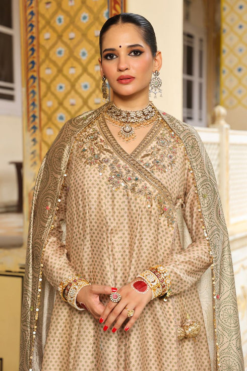 Ahista ivory printed heavy angrakha set