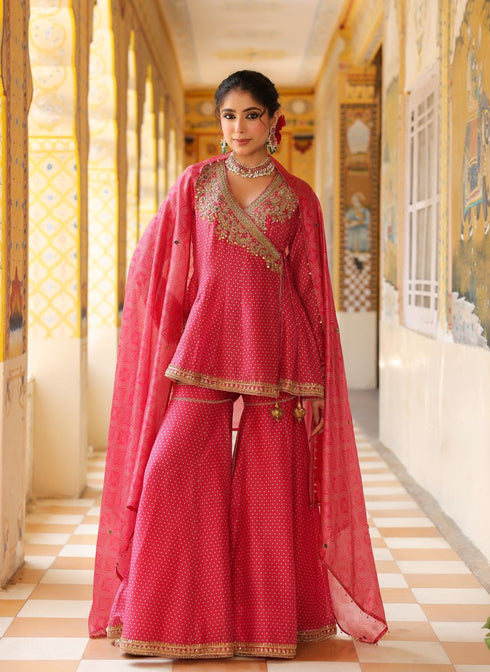 Ahista pink printed angrakha sharara set