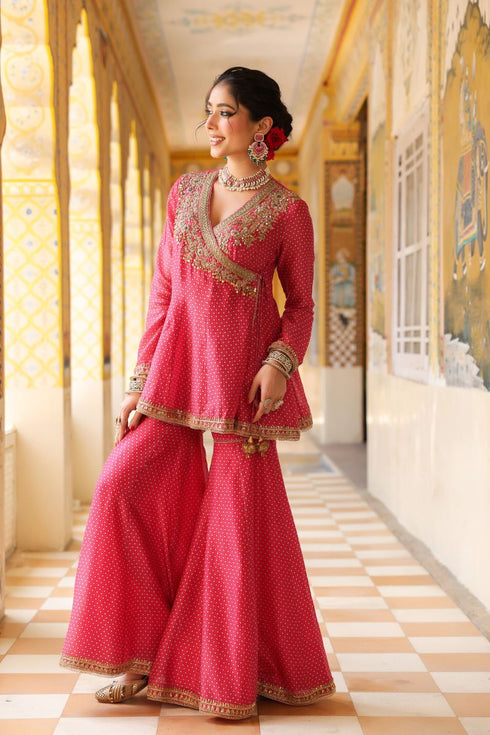 Ahista pink printed angrakha sharara set