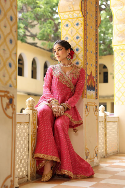 Ahista pink printed angrakha sharara set