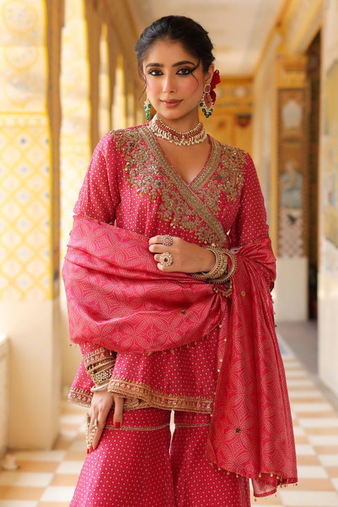 Ahista pink printed angrakha sharara set