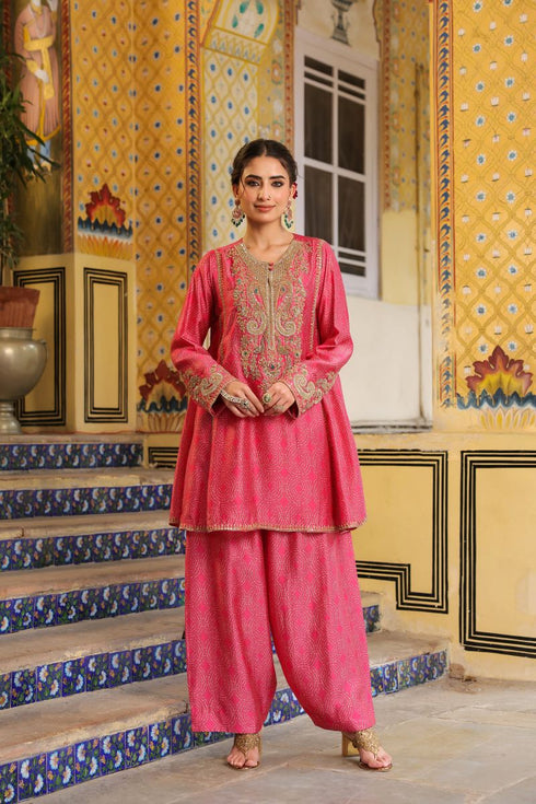 Ahista pink printed pheran short kurta set