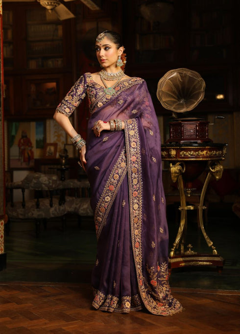 Ahista purple mayur applique border sari set
