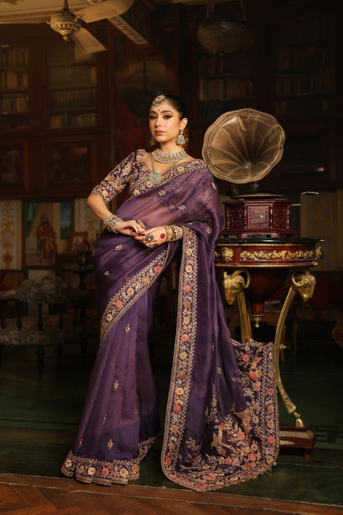 Ahista purple mayur applique border sari set