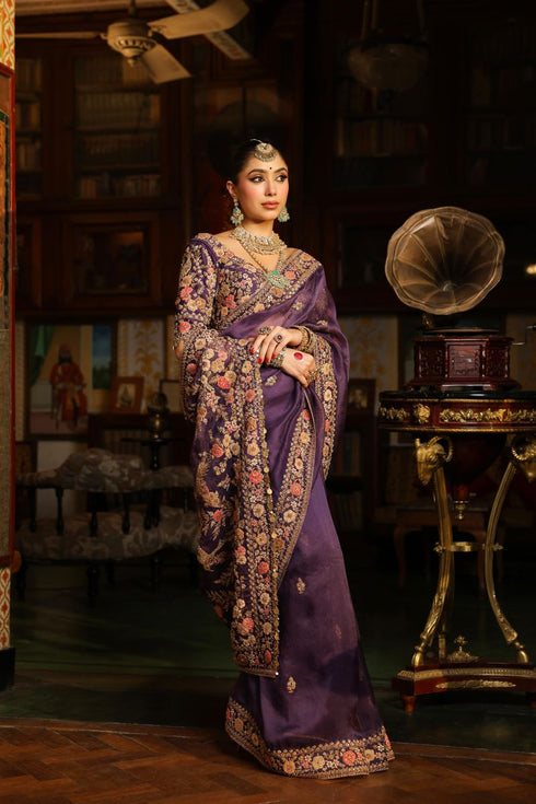 Ahista purple mayur applique border sari set