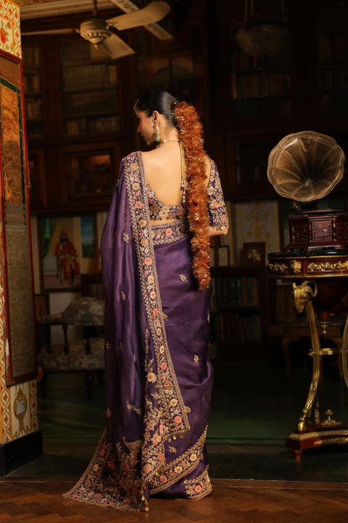 Ahista purple mayur applique border sari set