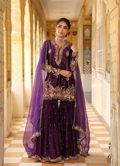Ahista purple mayur applique heavy sharara set